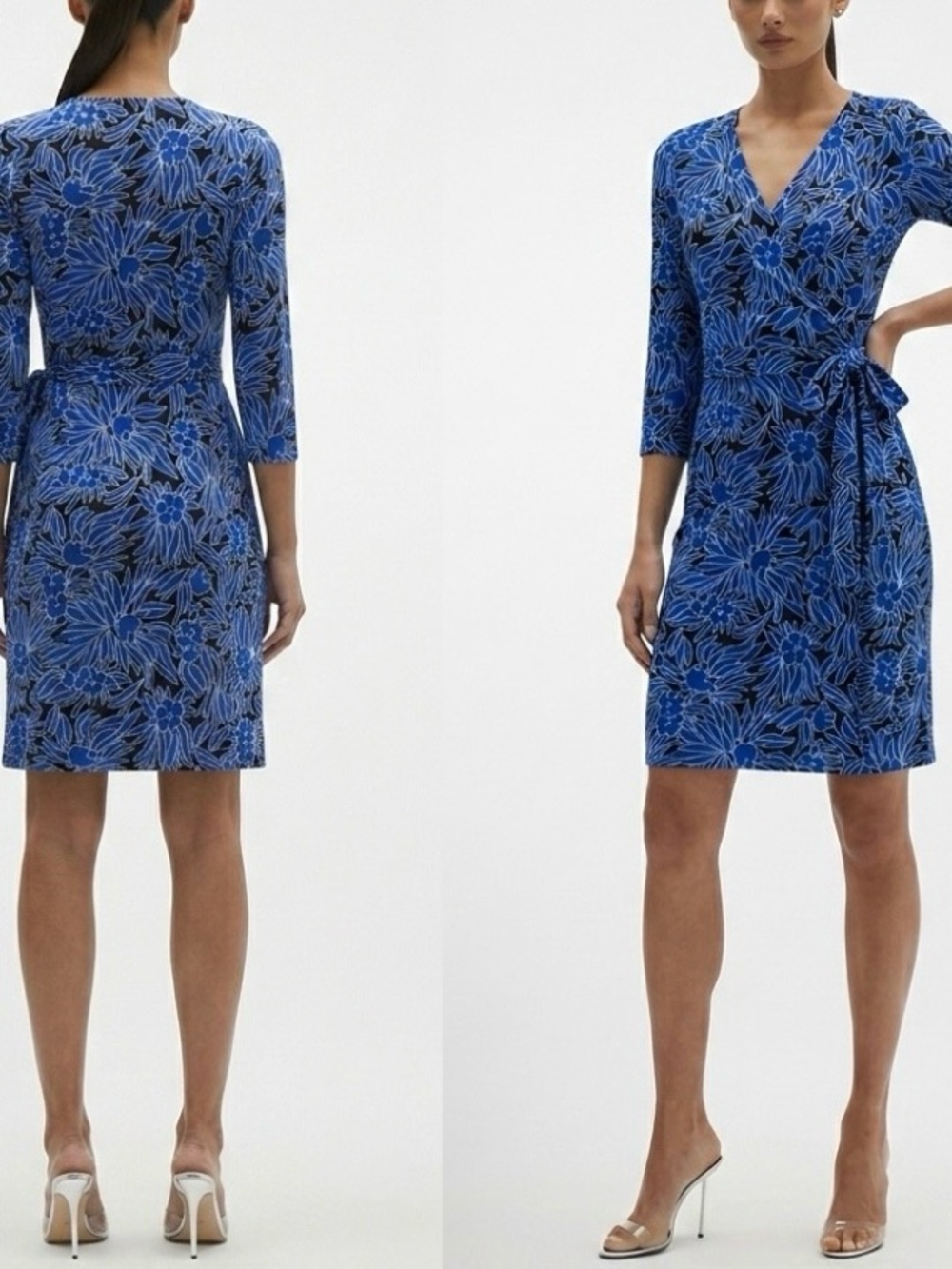 NWT DVF New Julian Wrap Dress Silk Cotton Blue Print 3/4 sleeve Size 0 Floral